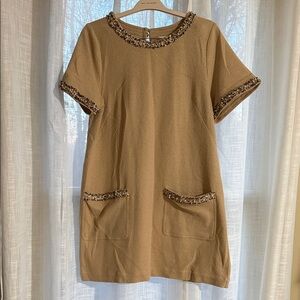 Anthropologie Tan Mini Dress with Embellished Details